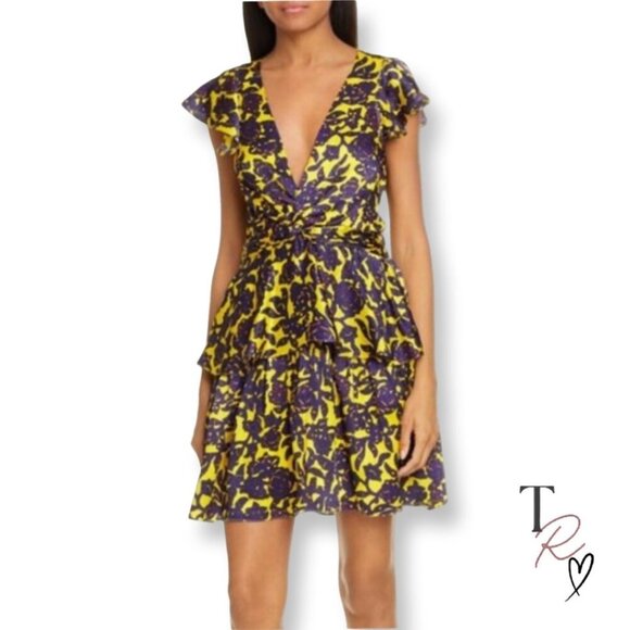 A.L.C. Viera Twist Front Mini Dress in Silk Size 6 Purple and Yellow Florals - Picture 1 of 15